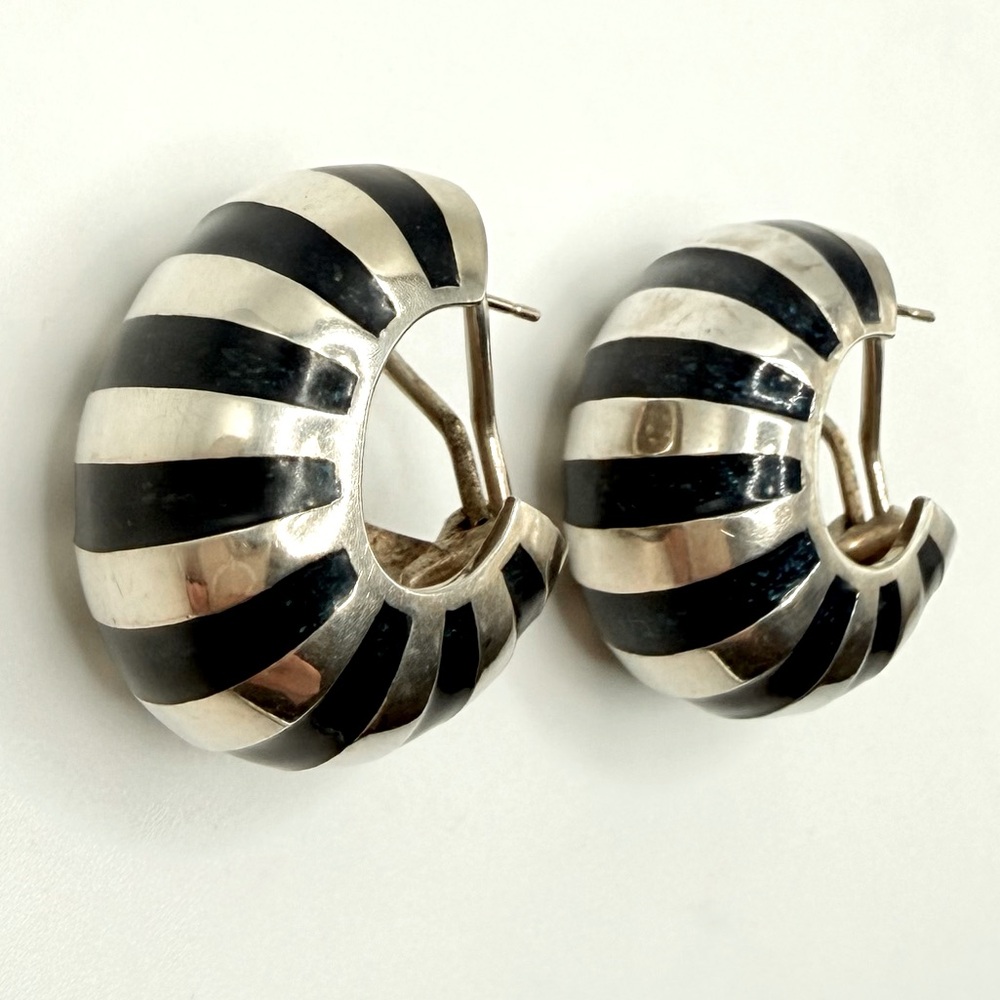 Vintage Tiffany & Co. 925 Silver Enamel Stripe Wide Hoop Omega Back Earrings 29g
